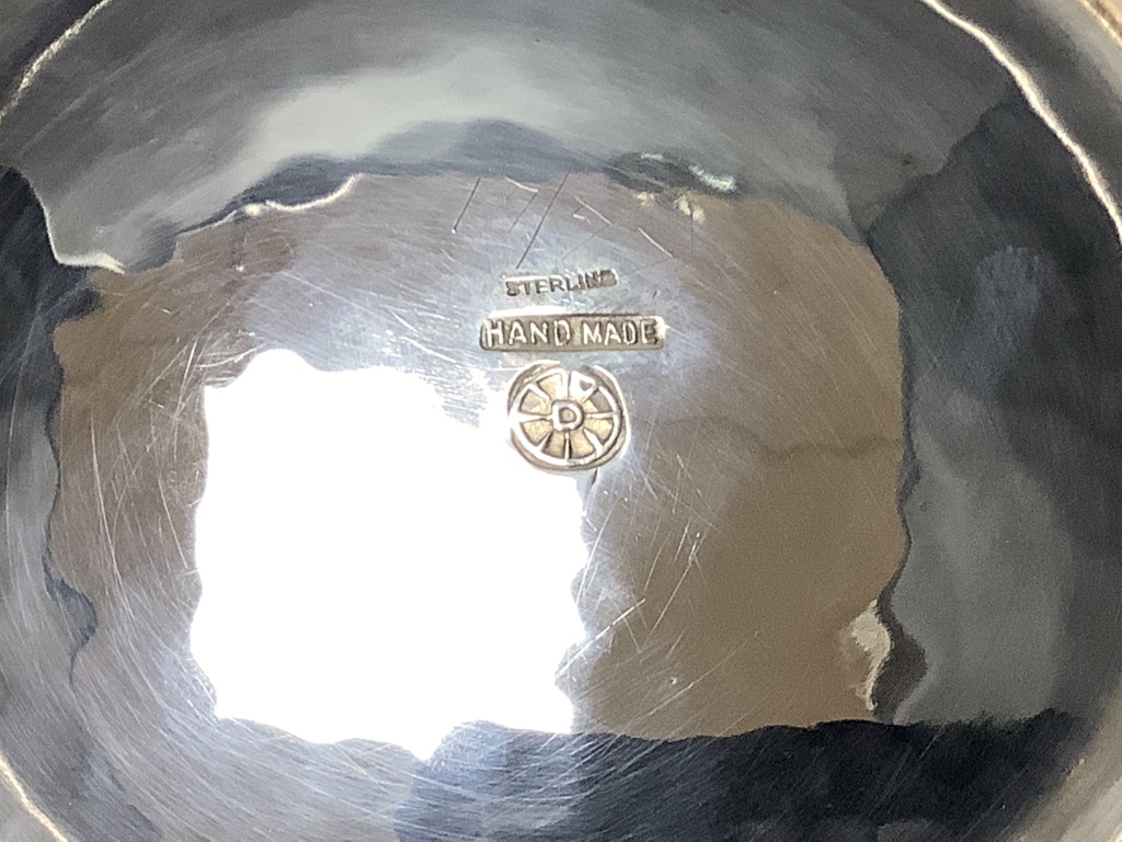 A Canadian white metal sterling brandy pan on stand, height 9.3 cm